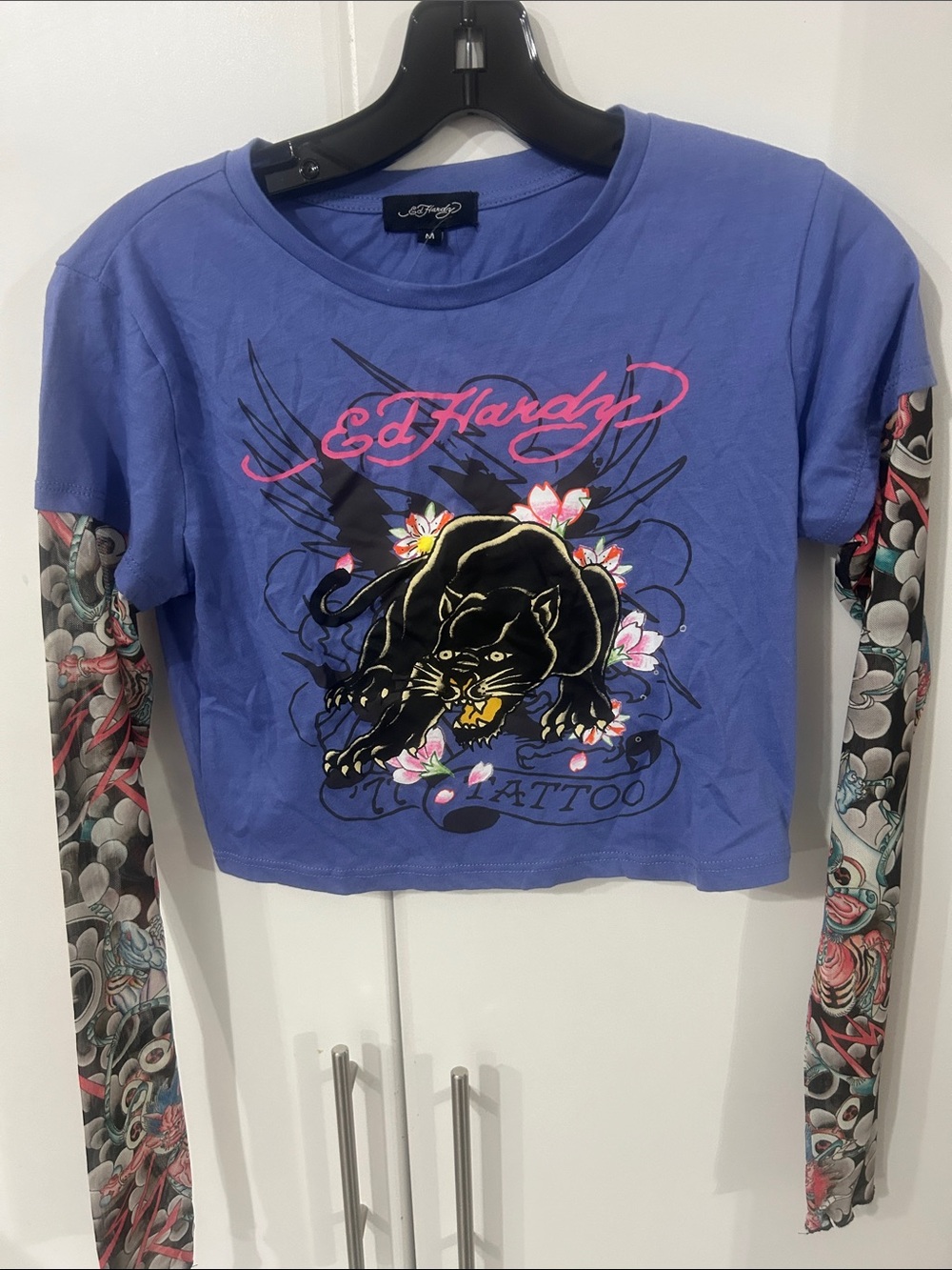 Ed Hardy Purple Cropped Long-Sleeve Tee with Panther Graphic Sz med nwots